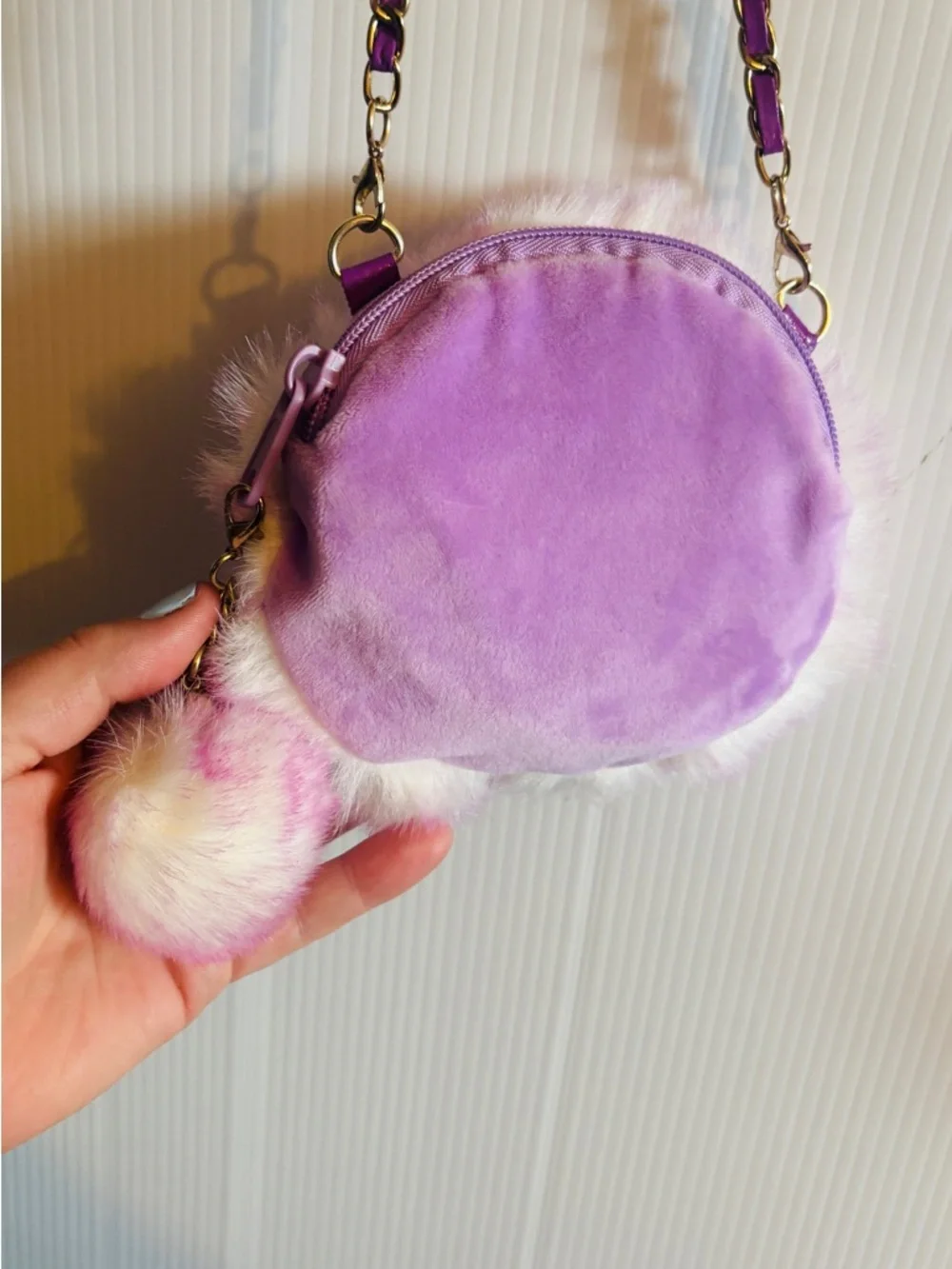 TY Plush Pink Faux Fur Crossbody Bag with Chain Strap